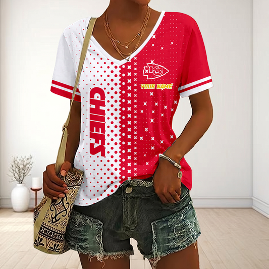 LIMITED EDITION - NEW CUSTOMIZED NFL01 KCC KANSAS CITY CHIEFS V-NECK FEMALE SHIRT