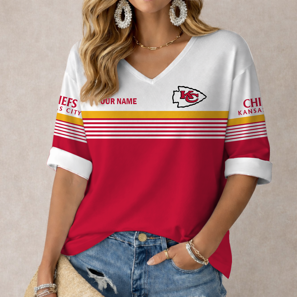 VIRAL EDITION - NEW CUSTOMIZED NFL01 KCC KANSAS CITY CHIEFS WOMEN'S HEART V-NECK LONG SLEEVE SHIRT