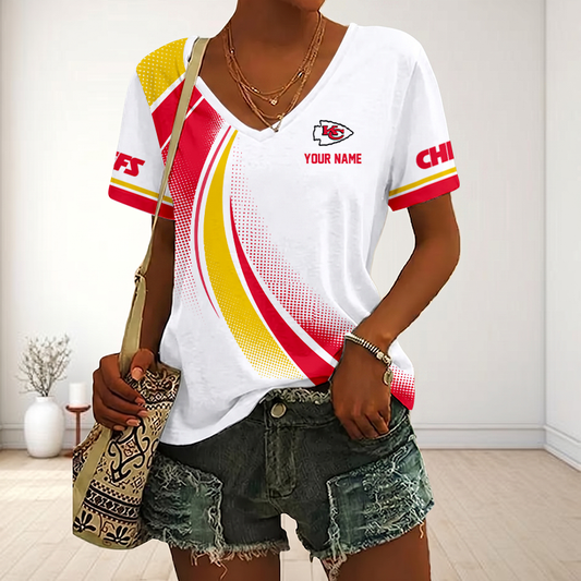 LIMITED EDITION - NEW CUSTOMIZED NFL01 KCC KANSAS CITY CHIEFS V-NECK FEMALE SHIRT
