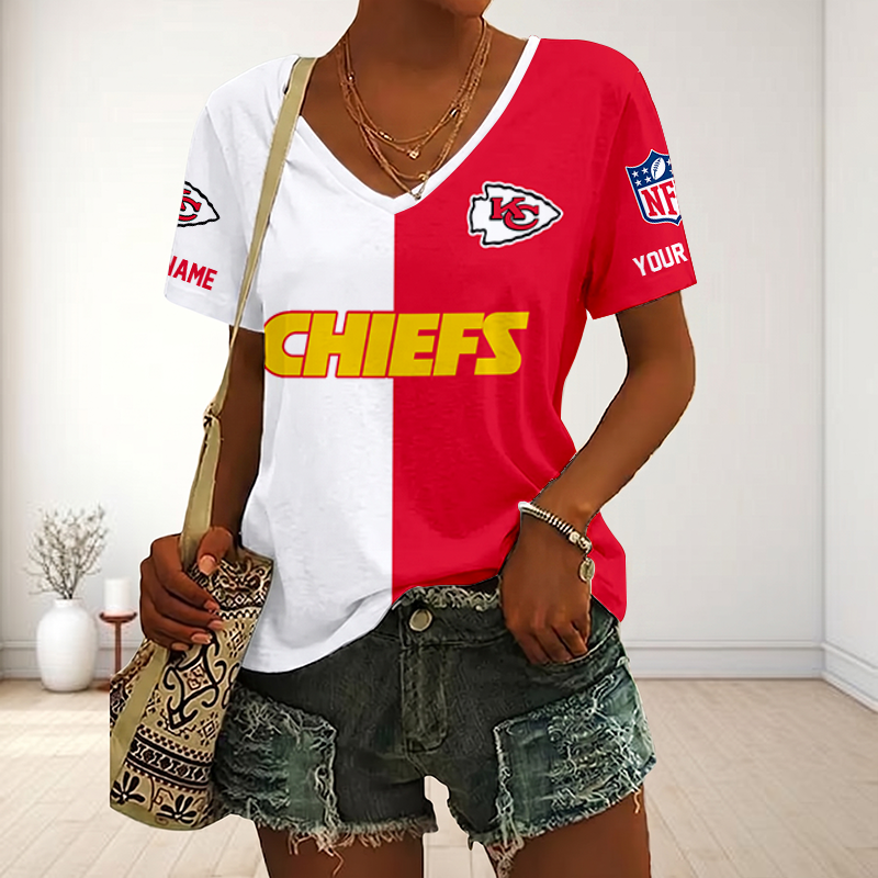 LIMITED EDITION - NEW CUSTOMIZED NFL01 KCC KANSAS CITY CHIEFS V-NECK FEMALE SHIRT