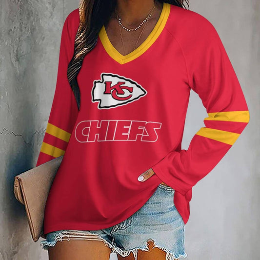 MEGA SALE - NEW CUSTOMIZED NFL01 KCC KANSAS CITY CHIEFS WOMEN'S V-NECK LONG SLEEVED SHIRT