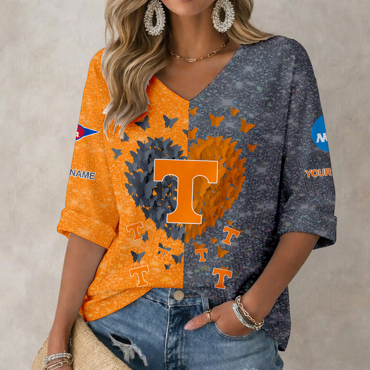 LIMITED DROP - NEW CUSTOMIZED | NCAA FBS01 TNV TN VOLUNTEERS WOMEN'S HEART V-NECK LONG SLEEVE SHIRT