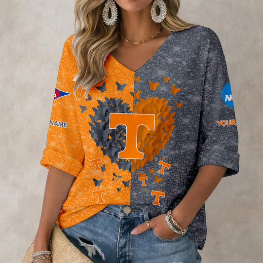 LIMITED DROP - NEW CUSTOMIZED | NCAA FBS01 TNV TN VOLUNTEERS WOMEN'S HEART V-NECK LONG SLEEVE SHIRT