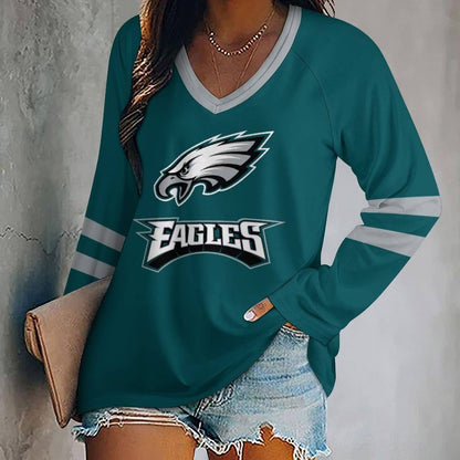 MEGA SALE - NEW CUSTOMIZED NFL02 PPE PHILADELPHIA EAGLES WOMEN'S V-NECK LONG SLEEVED SHIRT