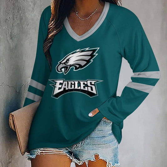 MEGA SALE - NEW CUSTOMIZED NFL02 PPE PHILADELPHIA EAGLES WOMEN'S V-NECK LONG SLEEVED SHIRT