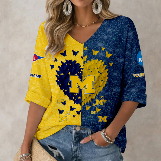 LIMITED DROP - NEW CUSTOMIZED | NCAA FBS03 MIW MI WOLVERINES WOMEN'S HEART V-NECK LONG SLEEVE SHIRT