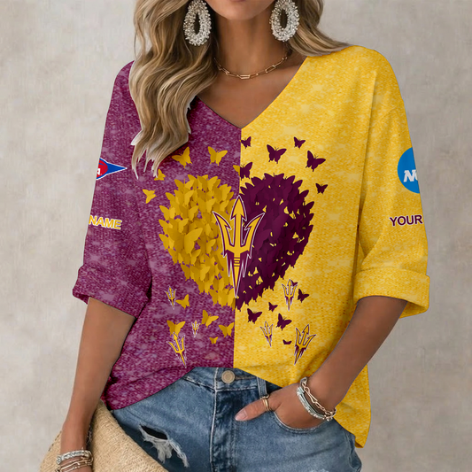 LIMITED DROP - NEW CUSTOMIZED | NCAA FBS04 ASS AS SUN DEVILS WOMEN'S HEART V-NECK LONG SLEEVE SHIRT