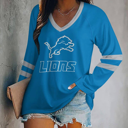 MEGA SALE - NEW CUSTOMIZED NFL04 DTL DETROIT LIONS WOMEN'S V-NECK LONG SLEEVED SHIRT