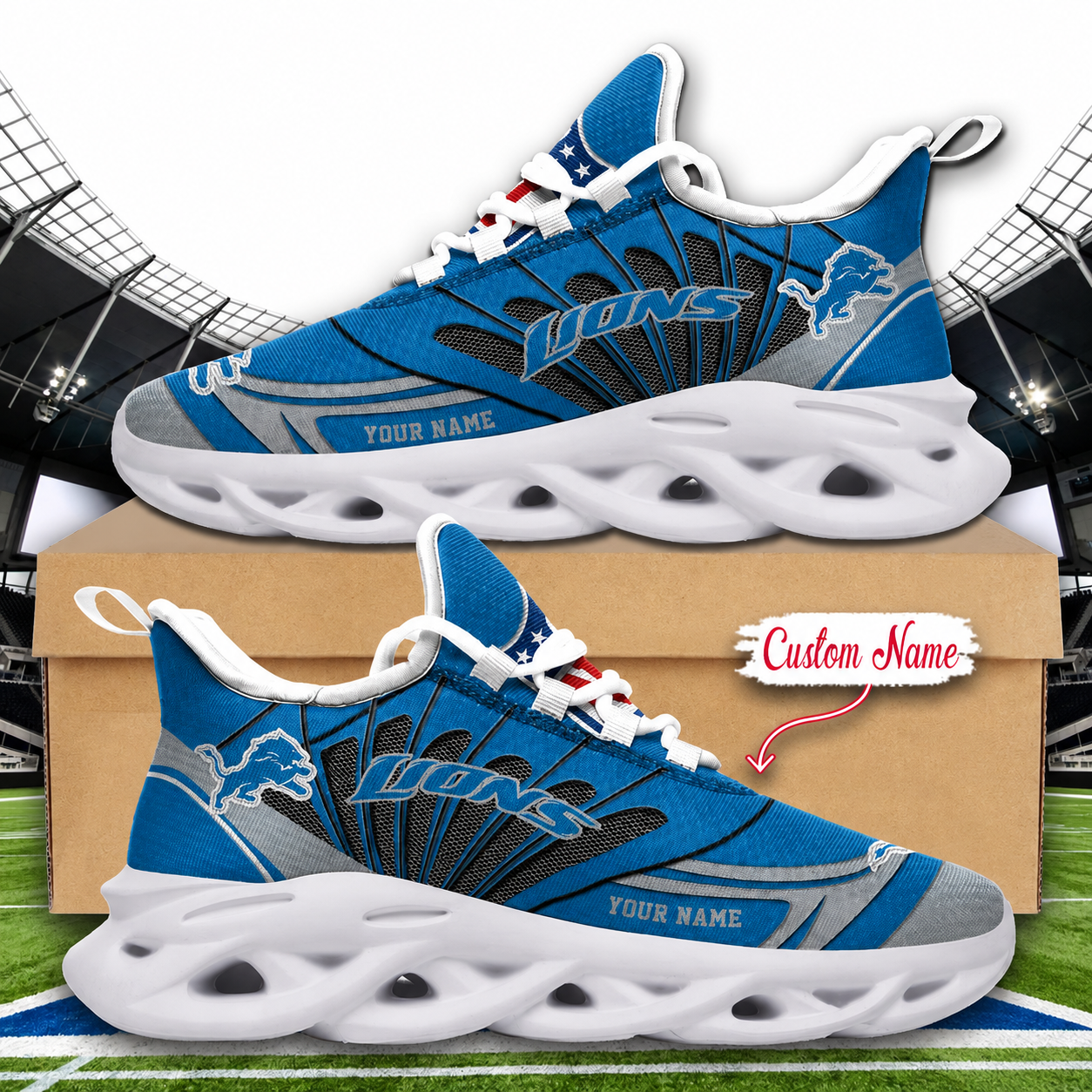 LIMITED EDITION - NEW CUSTOMIZED NFL04 DTL DETROIT LIONS UNISEX MAX SOUL SHOES