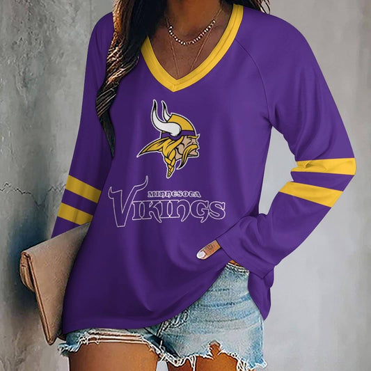 MEGA SALE - NEW CUSTOMIZED NFL05 MVK MINNESOTA VIKINGS WOMEN'S V-NECK LONG SLEEVED SHIRT