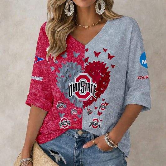 LIMITED DROP - NEW CUSTOMIZED | NCAA FBS05 OSB OS BUCKEYES WOMEN'S HEART V-NECK LONG SLEEVE SHIRT