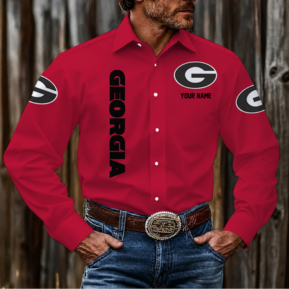 LIMITED EDITION - NEW CUSTOMIZED NCAA FBS06 GEB GEORGIA BULLDOGS MEN'S LONG SLEEVE BUTTON-UP SHIRT