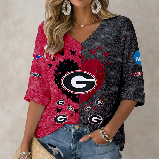 LIMITED DROP - NEW CUSTOMIZED | NCAA FBS06 GEB GE BULLGOGS WOMEN'S HEART V-NECK LONG SLEEVE SHIRT
