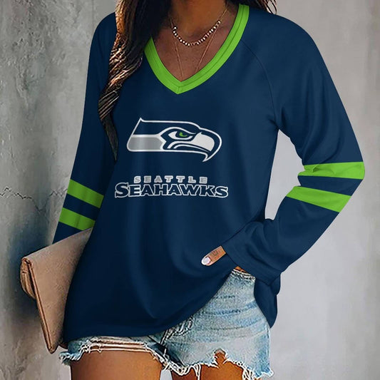 MEGA SALE - NEW CUSTOMIZED NFL06 SSH SEATLLE SEAHAWKS WOMEN'S V-NECK LONG SLEEVED SHIRT