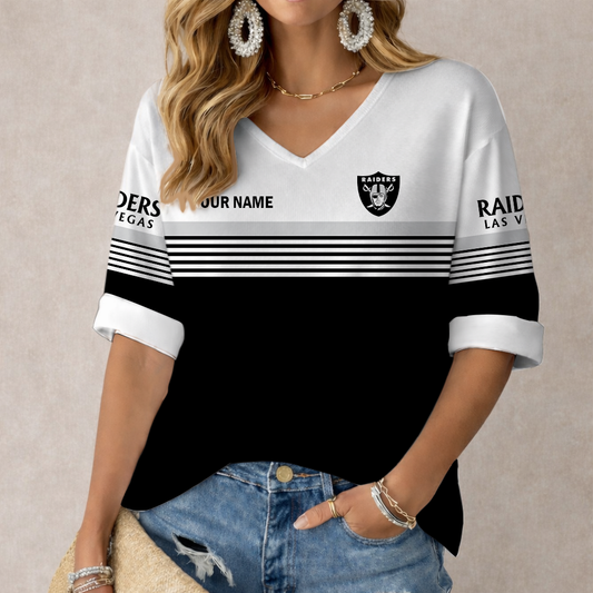 VIRAL EDITION - NEW CUSTOMIZED NFL07 LVR LAS VEGAS RAIDERS WOMEN'S HEART V-NECK LONG SLEEVE SHIRT