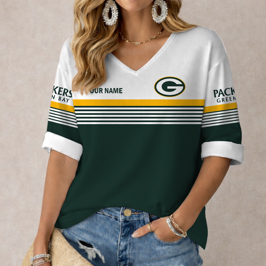 VIRAL EDITION - NEW CUSTOMIZED NFL08 GBP GREEN BAY PACKERS WOMEN'S HEART V-NECK LONG SLEEVE SHIRT