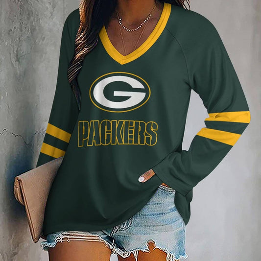 MEGA SALE - NEW CUSTOMIZED NFL08 GBP GREEN BAY PACKERS WOMEN'S V-NECK LONG SLEEVED SHIRT