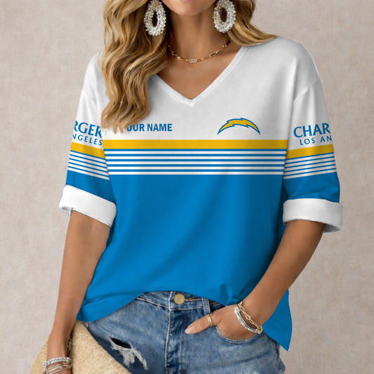 VIRAL EDITION - NEW CUSTOMIZED NFL09 LAC LOS ANGELES CHARGERS WOMEN'S HEART V-NECK LONG SLEEVE SHIRT