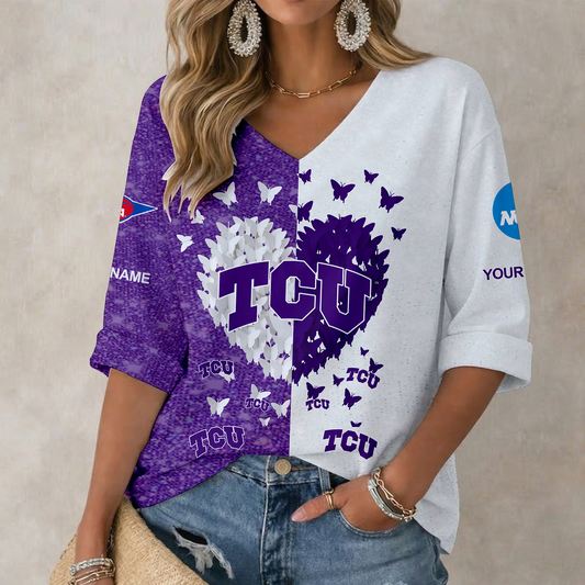 LIMITED DROP - NEW CUSTOMIZED | NCAA FBS09 THF TC HORNED FROGS WOMEN'S HEART V-NECK LONG SLEEVE SHIRT