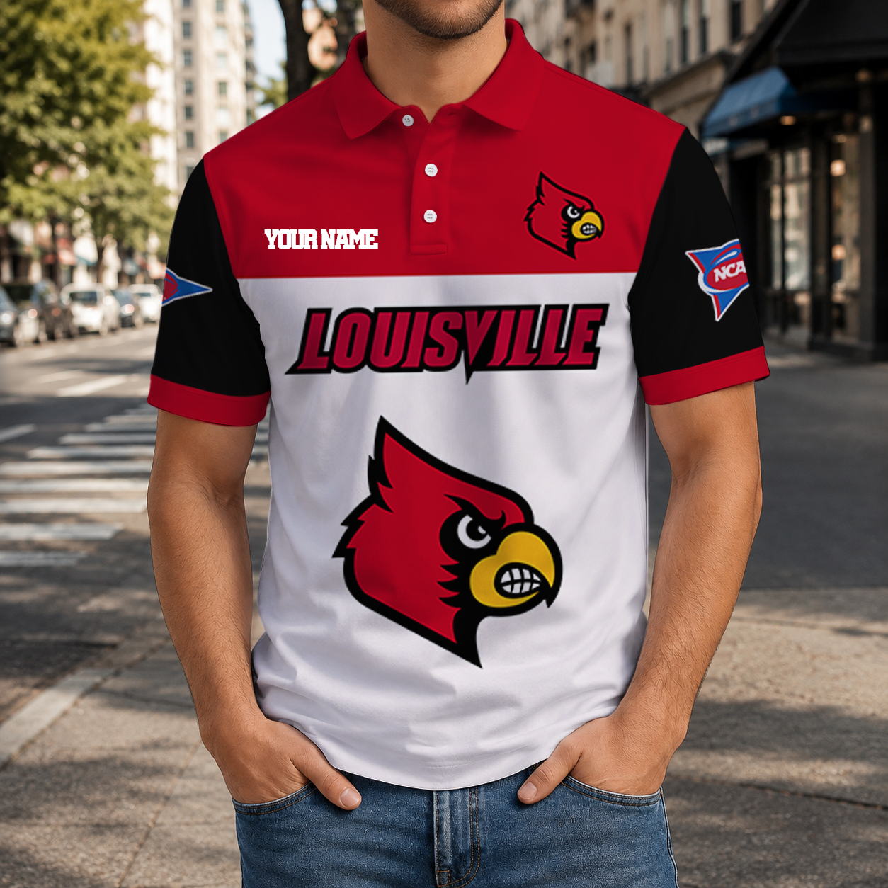 FINAL SALE - NEW CUSTOMIZED NCAA FBS10 ULC LOUISVILLE CARDINALS POLO SHIRT, ZIP POLO SHIRT & T-SHIRTS