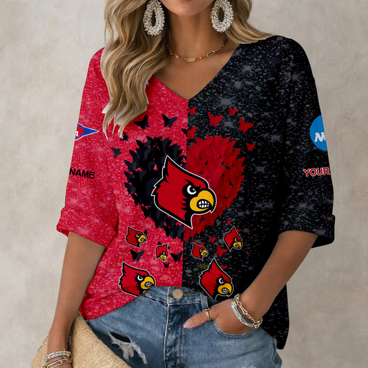 LIMITED DROP - NEW CUSTOMIZED | NCAA FBS10 ULC UL CARDINALS WOMEN'S HEART V-NECK LONG SLEEVE SHIRT
