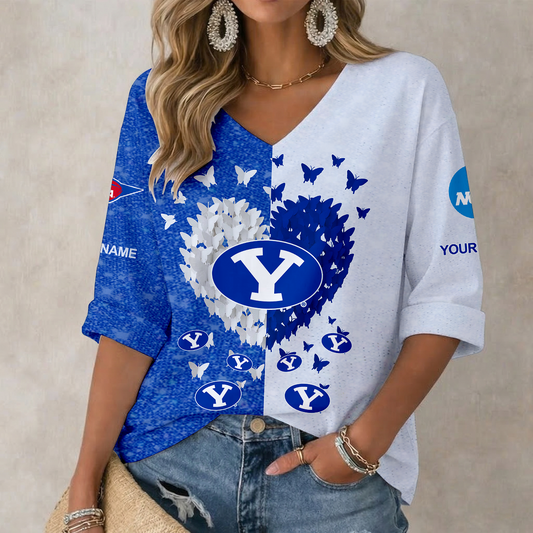 LIMITED DROP - NEW CUSTOMIZED | NCAA FBS11 BYU BYU COUGARS WOMEN'S HEART V-NECK LONG SLEEVE SHIRT