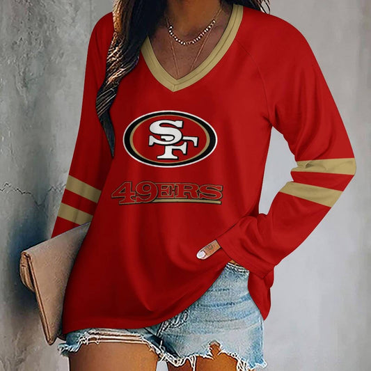 MEGA SALE - NEW CUSTOMIZED NFL11 SF49 SAN FRANCISCO 49ERS WOMEN'S V-NECK LONG SLEEVED SHIRT