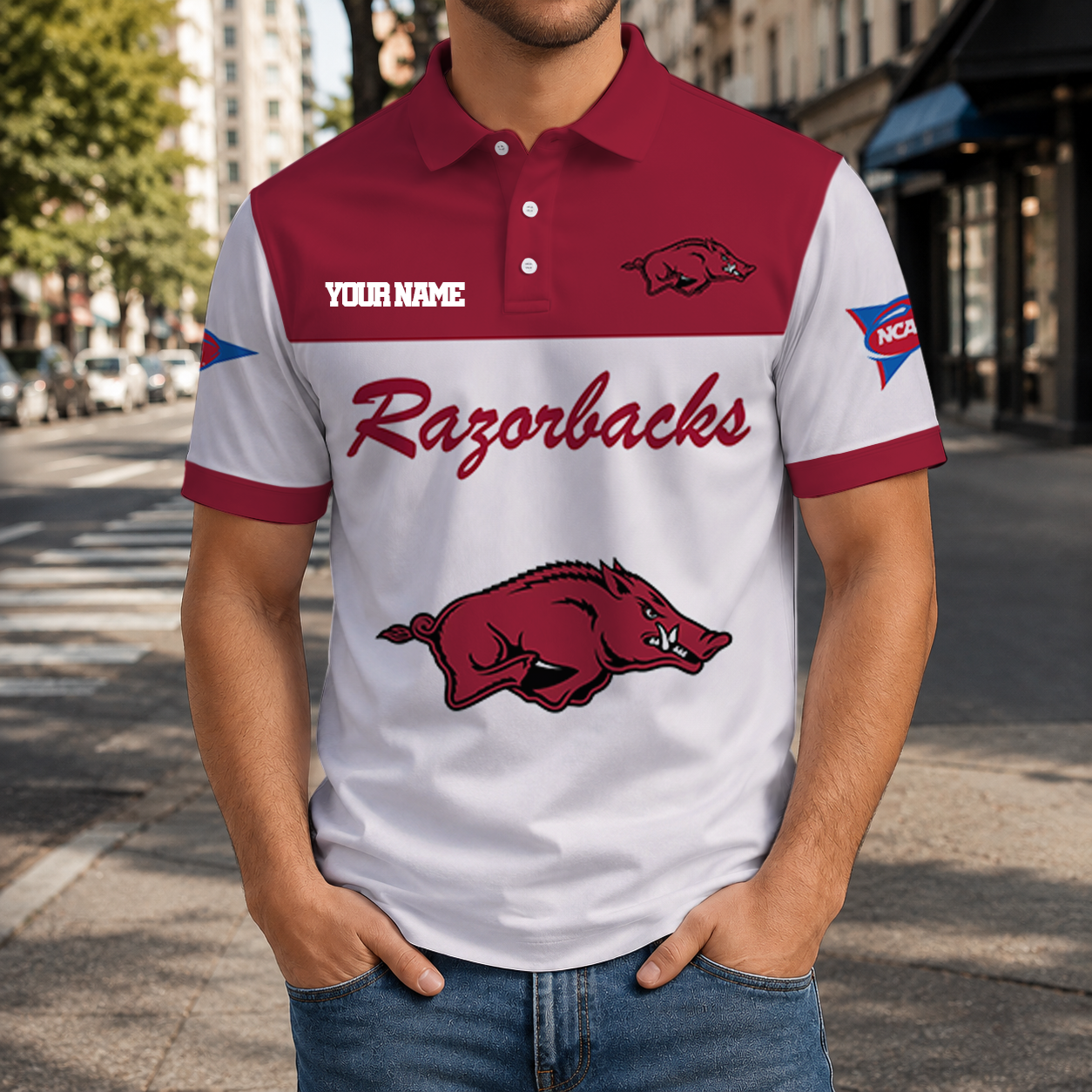 FINAL SALE - NEW CUSTOMIZED NCAA FBS12 AKR ARKANSAS RAZORBACKS POLO SHIRT, ZIP POLO SHIRT & T-SHIRTS