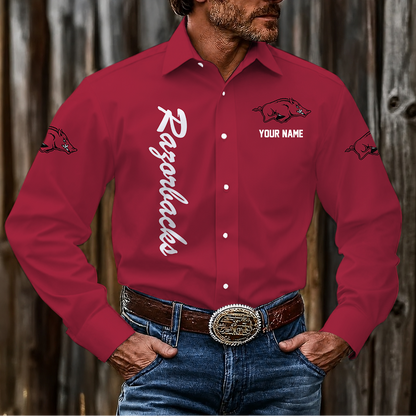 LIMITED EDITION - NEW CUSTOMIZED NCAA FBS12 AKR ARKANSAS RAZORBACKS MEN'S LONG SLEEVE BUTTON-UP SHIRT