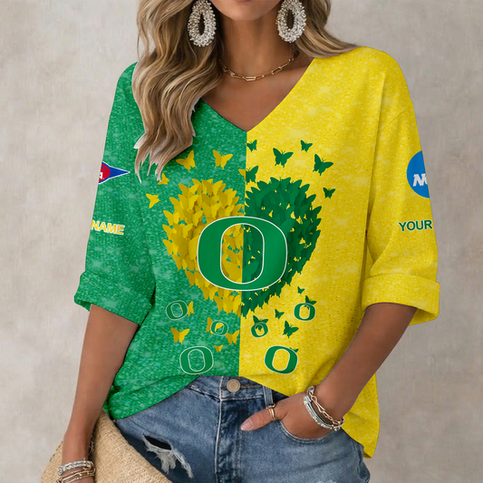 LIMITED DROP - NEW CUSTOMIZED | NCAA FBS14 OGD OG DUCKS WOMEN'S HEART V-NECK LONG SLEEVE SHIRT