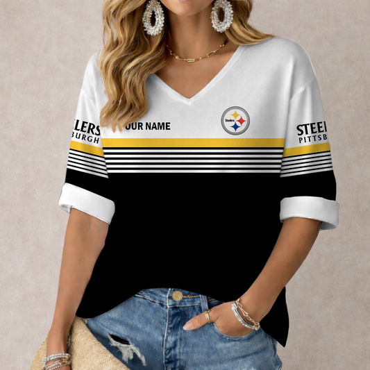 VIRAL EDITION - NEW CUSTOMIZED NFL14 PSB PITTSBURGH STEELERS WOMEN'S HEART V-NECK LONG SLEEVE SHIRT