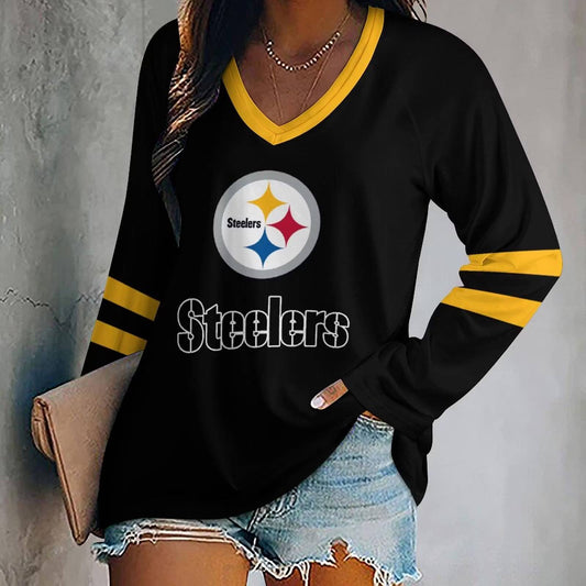 MEGA SALE - NEW CUSTOMIZED NFL14 PSB PITTSBURGH STEELERS WOMEN'S V-NECK LONG SLEEVED SHIRT