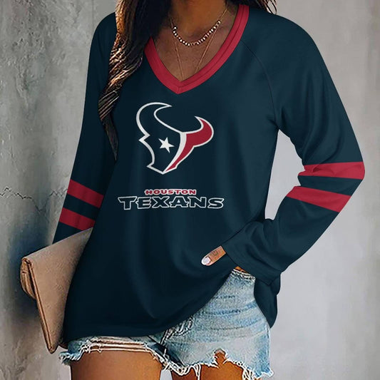 MEGA SALE - NEW CUSTOMIZED NFL15 HTT HOUSTON TEXANS WOMEN'S V-NECK LONG SLEEVED SHIRT