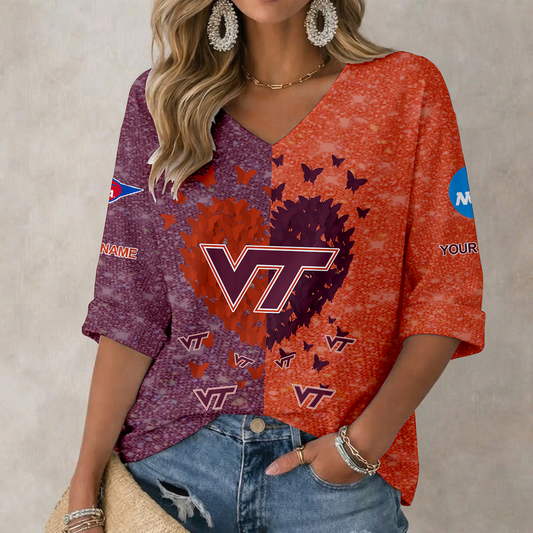LIMITED DROP - NEW CUSTOMIZED | NCAA FBS15 VTH VG TECH HOKIES WOMEN'S HEART V-NECK LONG SLEEVE SHIRT