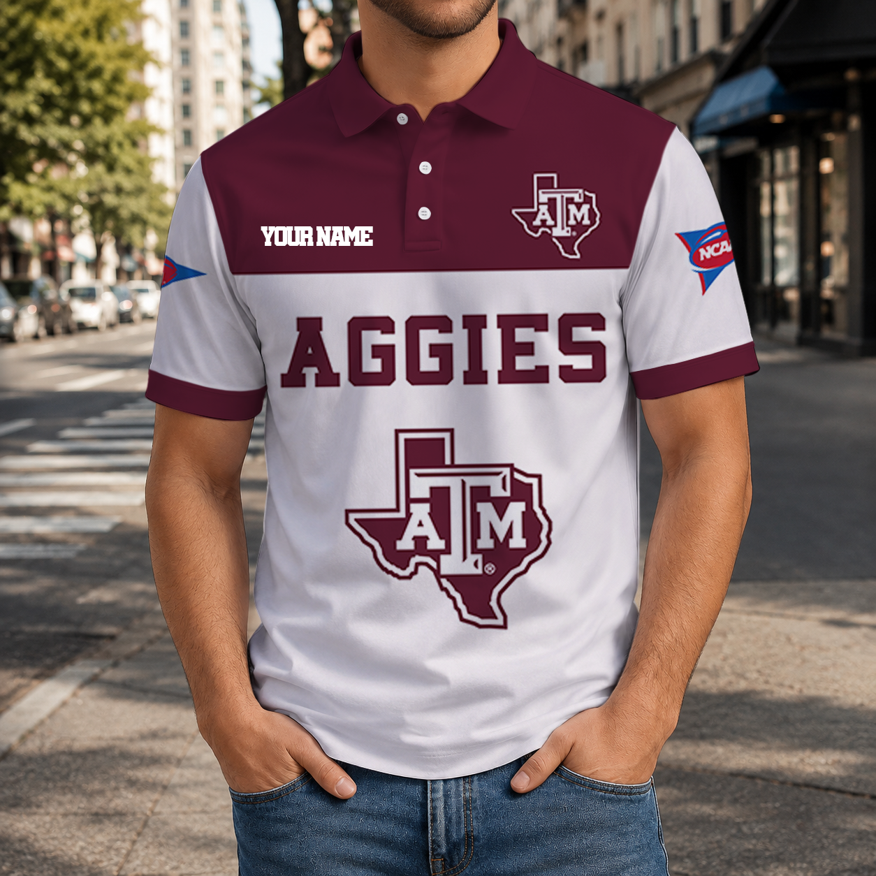 FINAL SALE - NEW CUSTOMIZED NCAA FBS16 TAA TEXAS A&M AGGIES POLO SHIRT, ZIP POLO SHIRT & T-SHIRTS