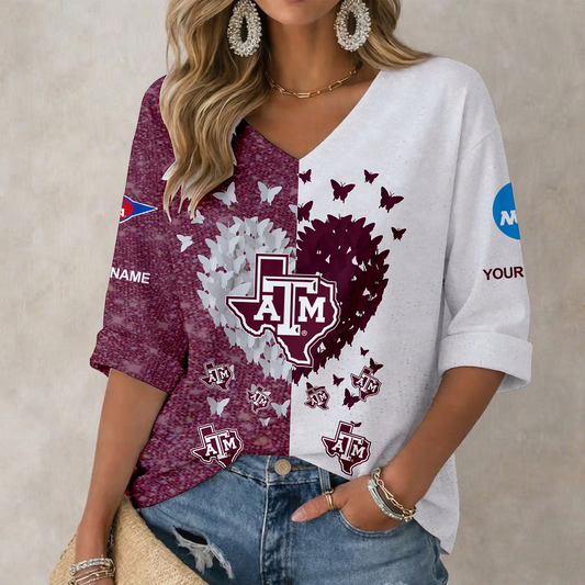 LIMITED DROP - NEW CUSTOMIZED | NCAA FBS16 TAA TX A&M AGGIES WOMEN'S HEART V-NECK LONG SLEEVE SHIRT