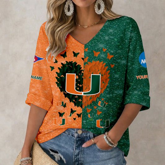 LIMITED DROP - NEW CUSTOMIZED | NCAA FBS17 MIH MI HURRICANES WOMEN'S HEART V-NECK LONG SLEEVE SHIRT