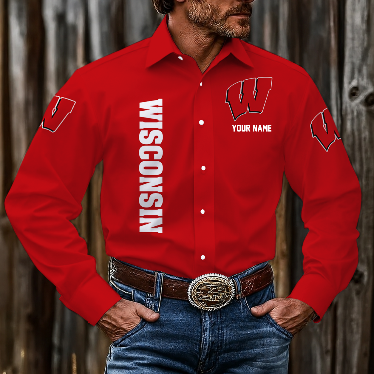 LIMITED EDITION - NEW CUSTOMIZED NCAA FBS18 WSB WISCONSIN BADGERS MEN'S LONG SLEEVE BUTTON-UP SHIRT