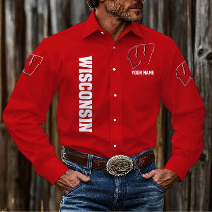 LIMITED EDITION - NEW CUSTOMIZED NCAA FBS18 WSB WISCONSIN BADGERS MEN'S LONG SLEEVE BUTTON-UP SHIRT