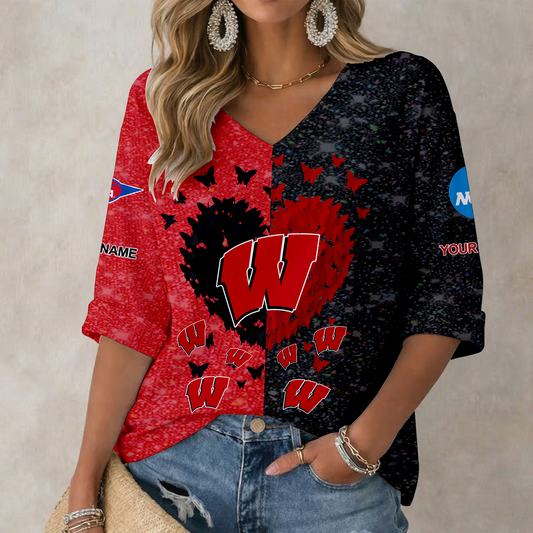 LIMITED DROP - NEW CUSTOMIZED | NCAA FBS18 WSB WS BADGERS WOMEN'S HEART V-NECK LONG SLEEVE SHIRT