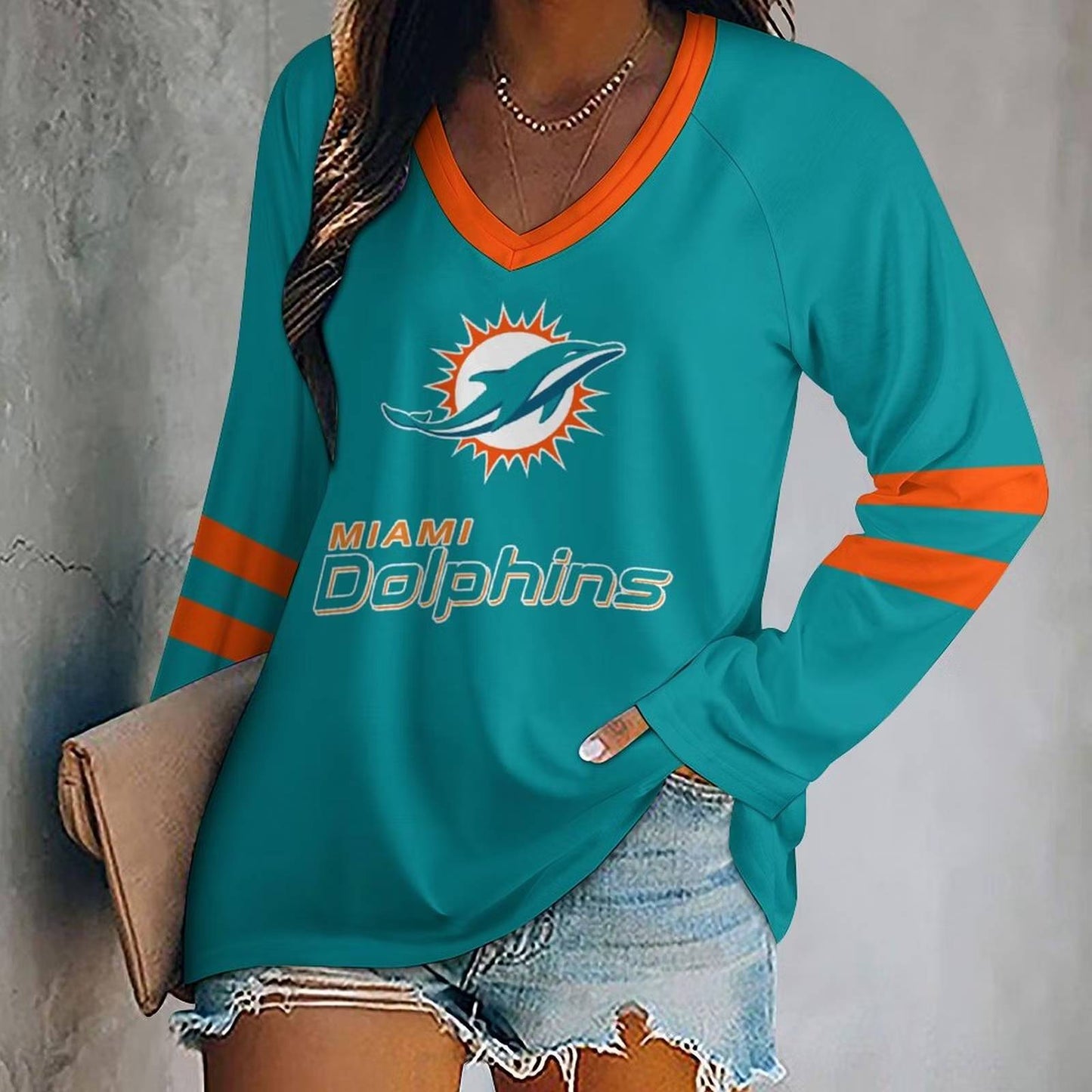 MEGA SALE - NEW CUSTOMIZED NFL19 MDP MIAMI DOLPHINS WOMEN'S V-NECK LONG SLEEVED SHIRT