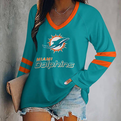 MEGA SALE - NEW CUSTOMIZED NFL19 MDP MIAMI DOLPHINS WOMEN'S V-NECK LONG SLEEVED SHIRT