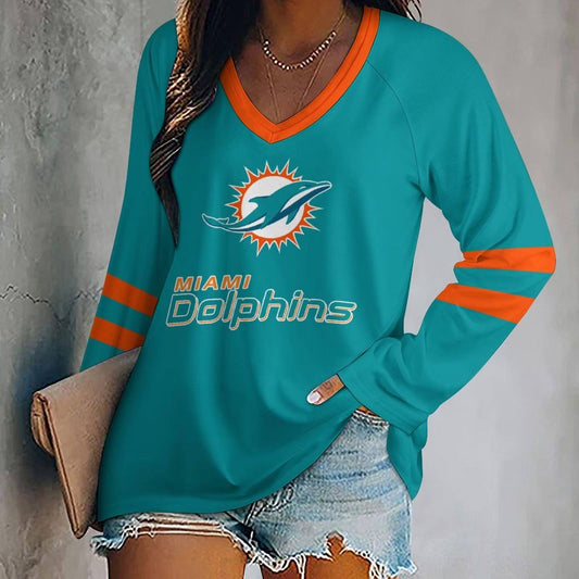 MEGA SALE - NEW CUSTOMIZED NFL19 MDP MIAMI DOLPHINS WOMEN'S V-NECK LONG SLEEVED SHIRT