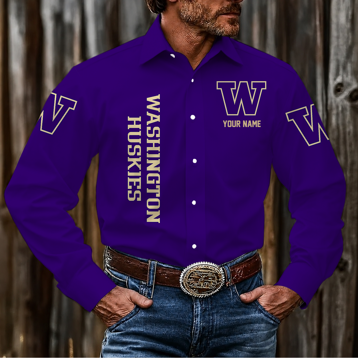LIMITED EDITION - NEW CUSTOMIZED NCAA FBS19 WSH WASHINGTON HUSKIES MEN'S LONG SLEEVE BUTTON-UP SHIRT