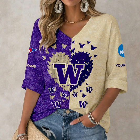 LIMITED DROP - NEW CUSTOMIZED | NCAA FBS19 WSH WS HUSKIES WOMEN'S HEART V-NECK LONG SLEEVE SHIRT