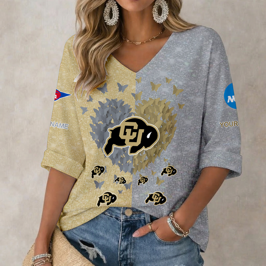 LIMITED DROP - NEW CUSTOMIZED | NCAA FBS20 CRB CR BUFFALOES WOMEN'S HEART V-NECK LONG SLEEVE SHIRT
