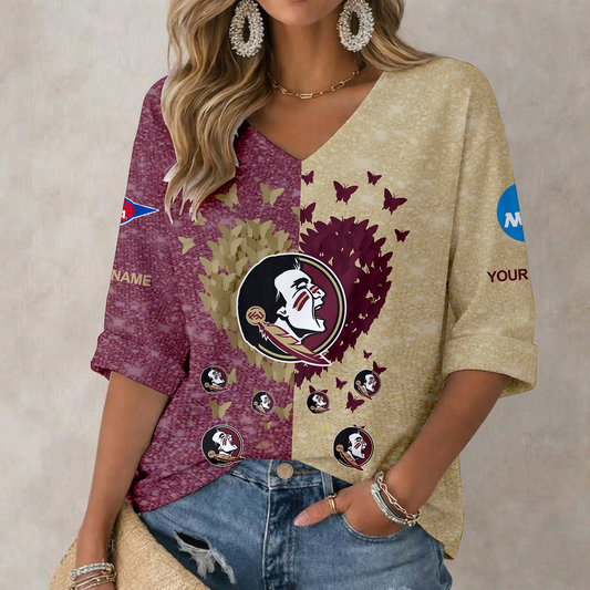 LIMITED DROP - NEW CUSTOMIZED | NCAA FBS21 FLS FL SEMINOLES WOMEN'S HEART V-NECK LONG SLEEVE SHIRT