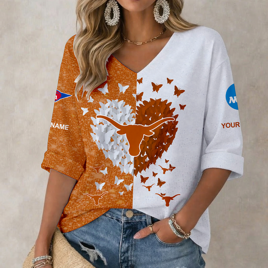 LIMITED DROP - NEW CUSTOMIZED | NCAA FBS22 TXL TX LONGHORNS WOMEN'S HEART V-NECK LONG SLEEVE SHIRT
