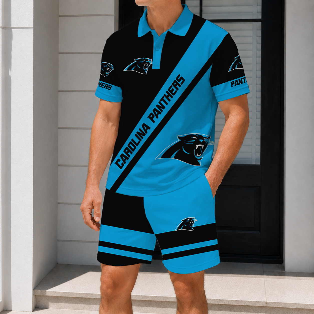 LIMITED EDITION - NEW CUSTOMIZED NFL23 CLP CAROLINA PANTHERS POLO SHIRT & SHORT PANTS SET