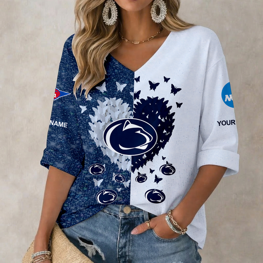 LIMITED DROP - NEW CUSTOMIZED | NCAA FBS23 PNL PS NITTANY LIONS WOMEN'S HEART V-NECK LONG SLEEVE SHIRT